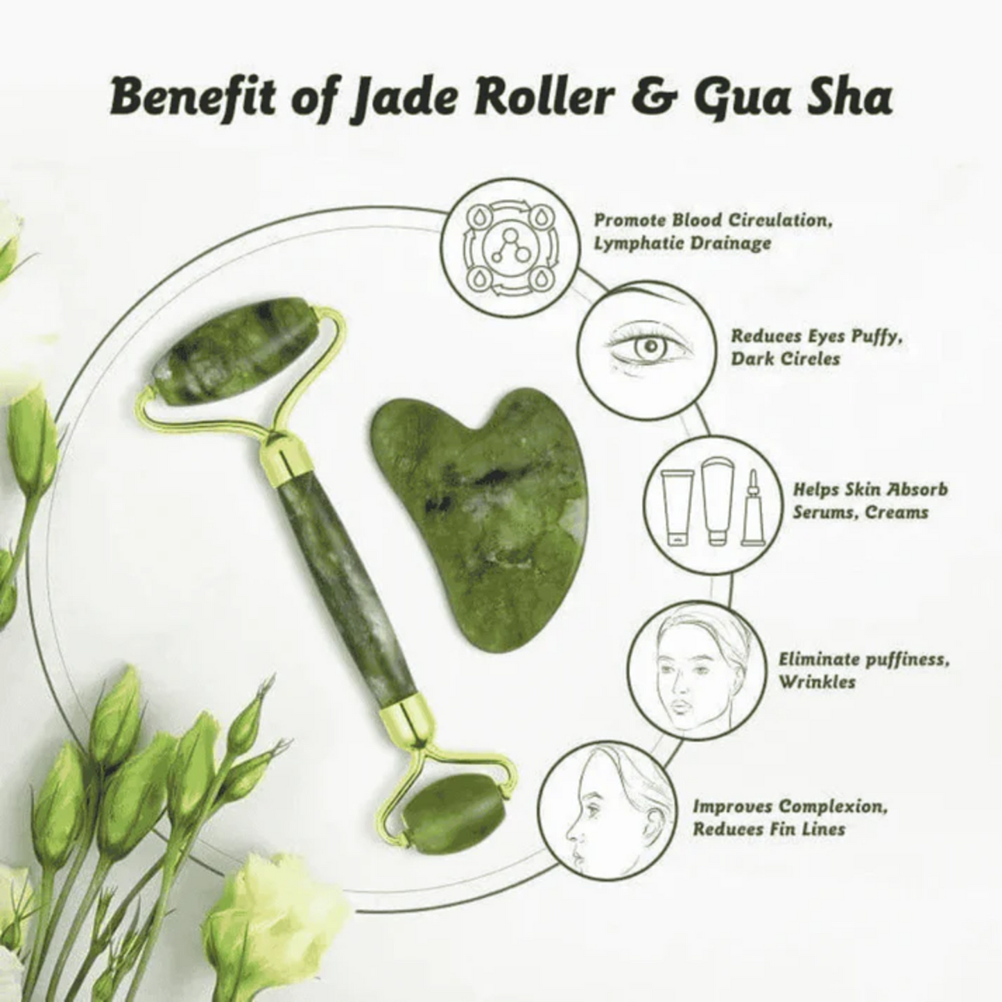 Jade Roller & Gua Sha Set – Face Massager for Wrinkles & Puffiness